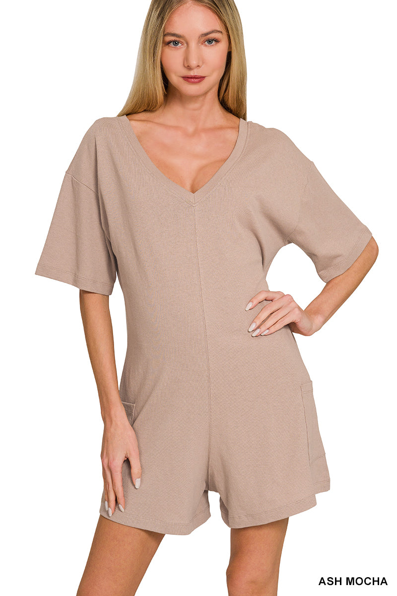 V OR SCOOP ROMPER POCKETS
