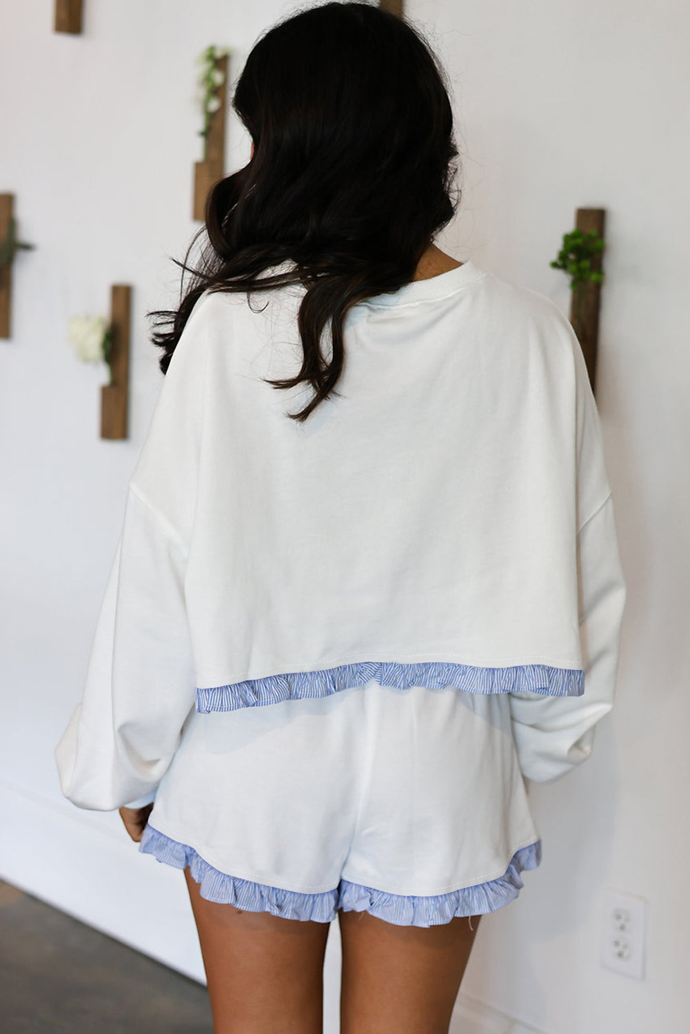 Yellow Cream Gingham Ruffle Hem Long Sleeve Pullover and Shorts Set