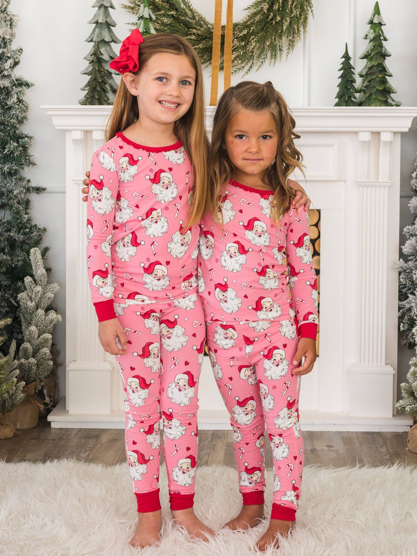 SoftSnooze™ Girls Modal Blend Pink Santa Joy Ruffle Long Sleeve Pajama Set