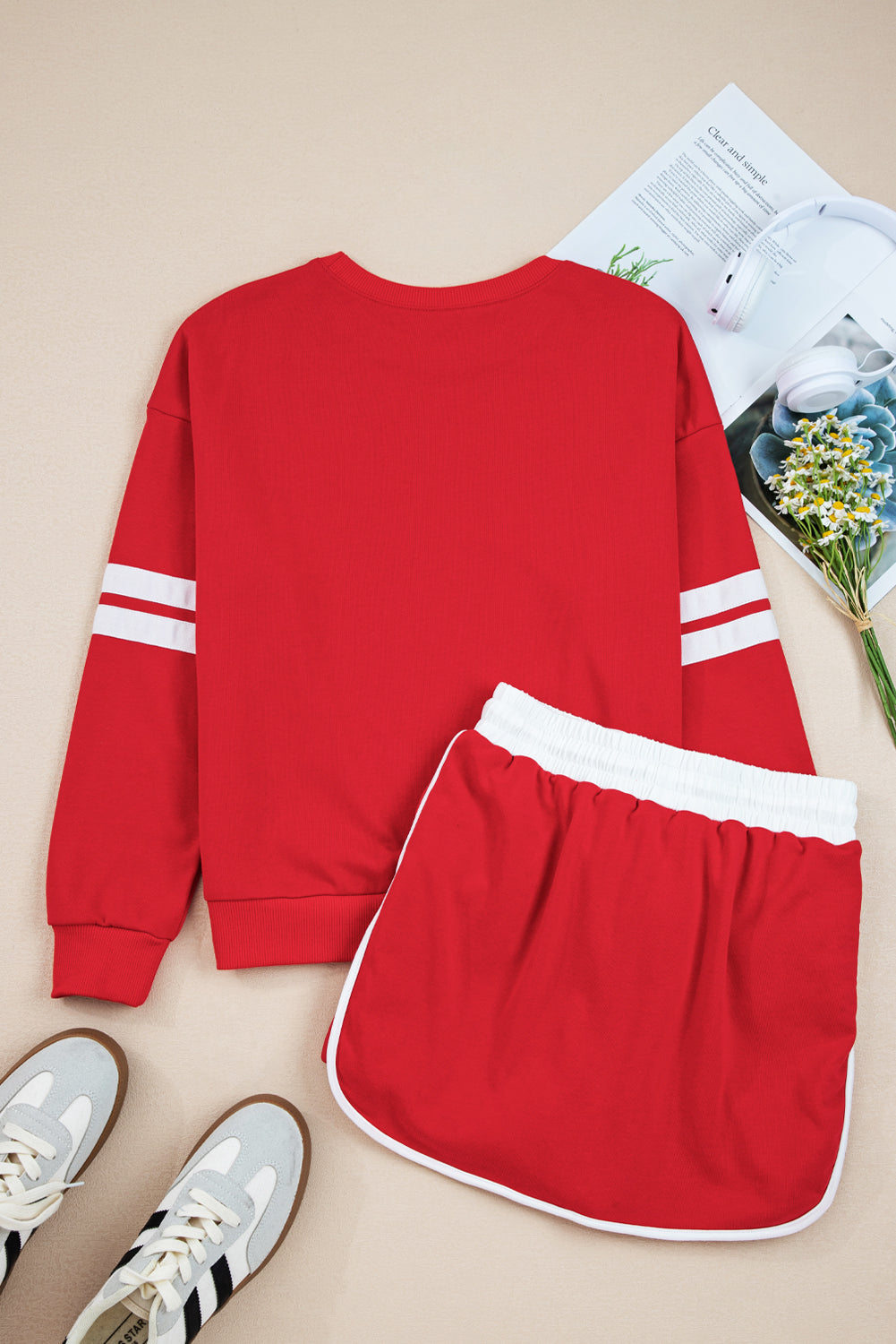 Sky Blue Varsity Stripe Detail Drop Shoulder Pullover Mini Skort Set