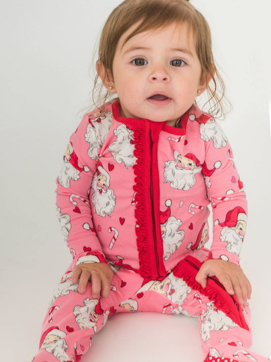SoftSnooze™ Baby Girls Modal Blend Pink Santa Joy Footed Ruffle One Piece Pajama