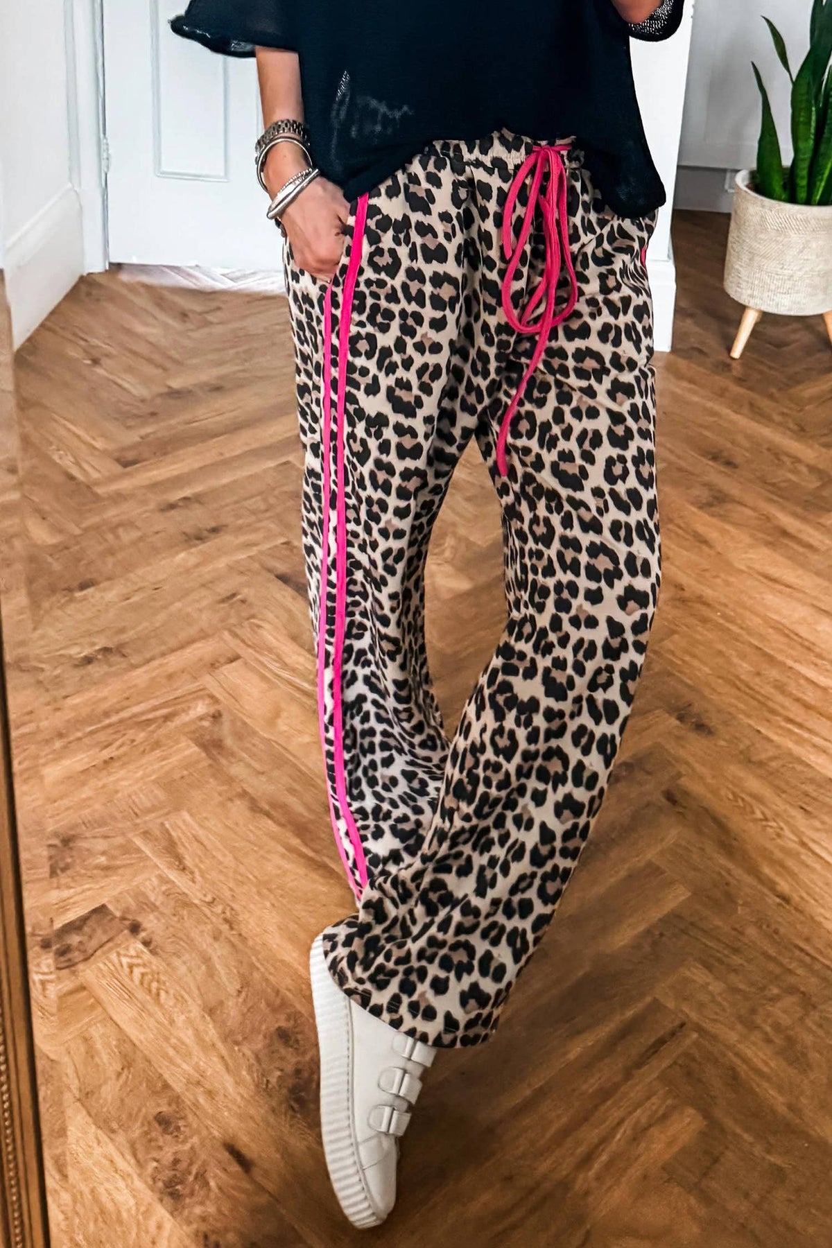 LDC Contrast Detail Tie Waist Leopard Print Casual Pants