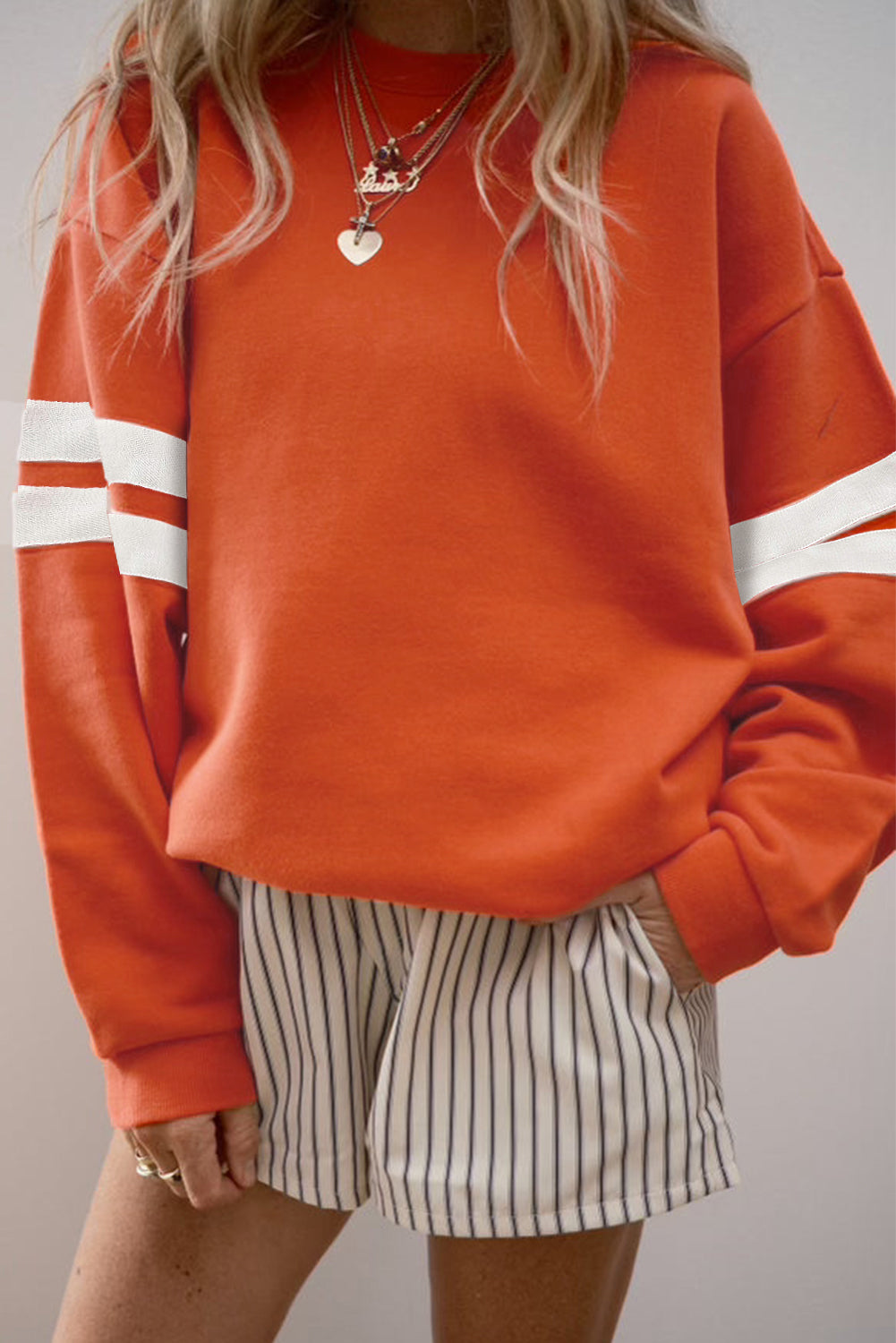 Fiery Red Preppy Striped Sleeve Loose Sweatshirt