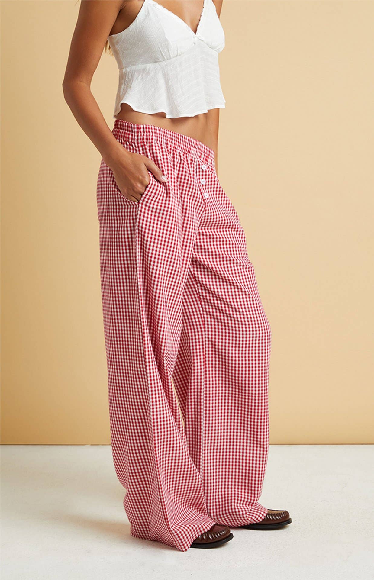Easy daily patchwork gingham wide leg pants