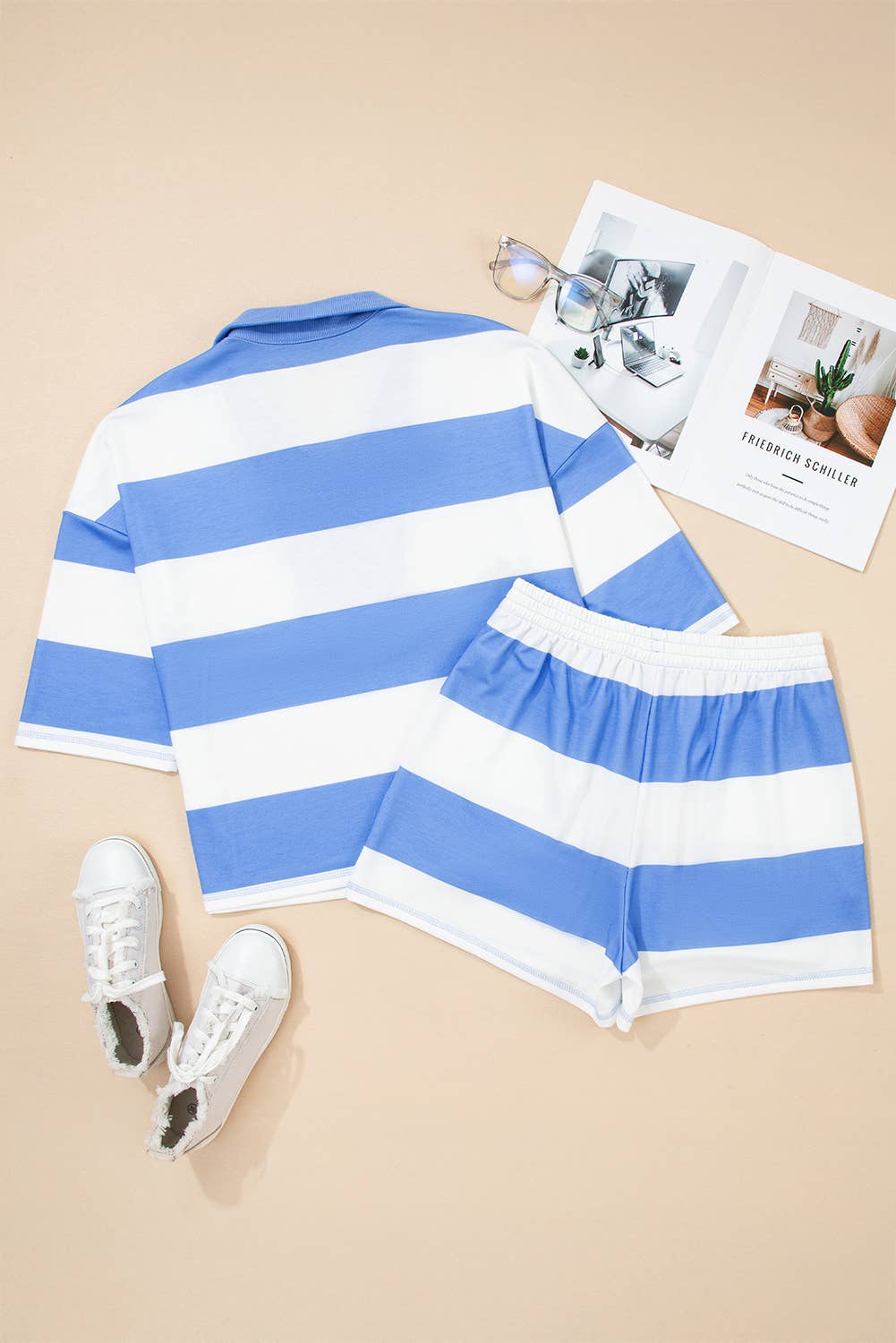 Stripe Seam Half Zip Tee and Casual Shorts 2pcs Set (S-4X)