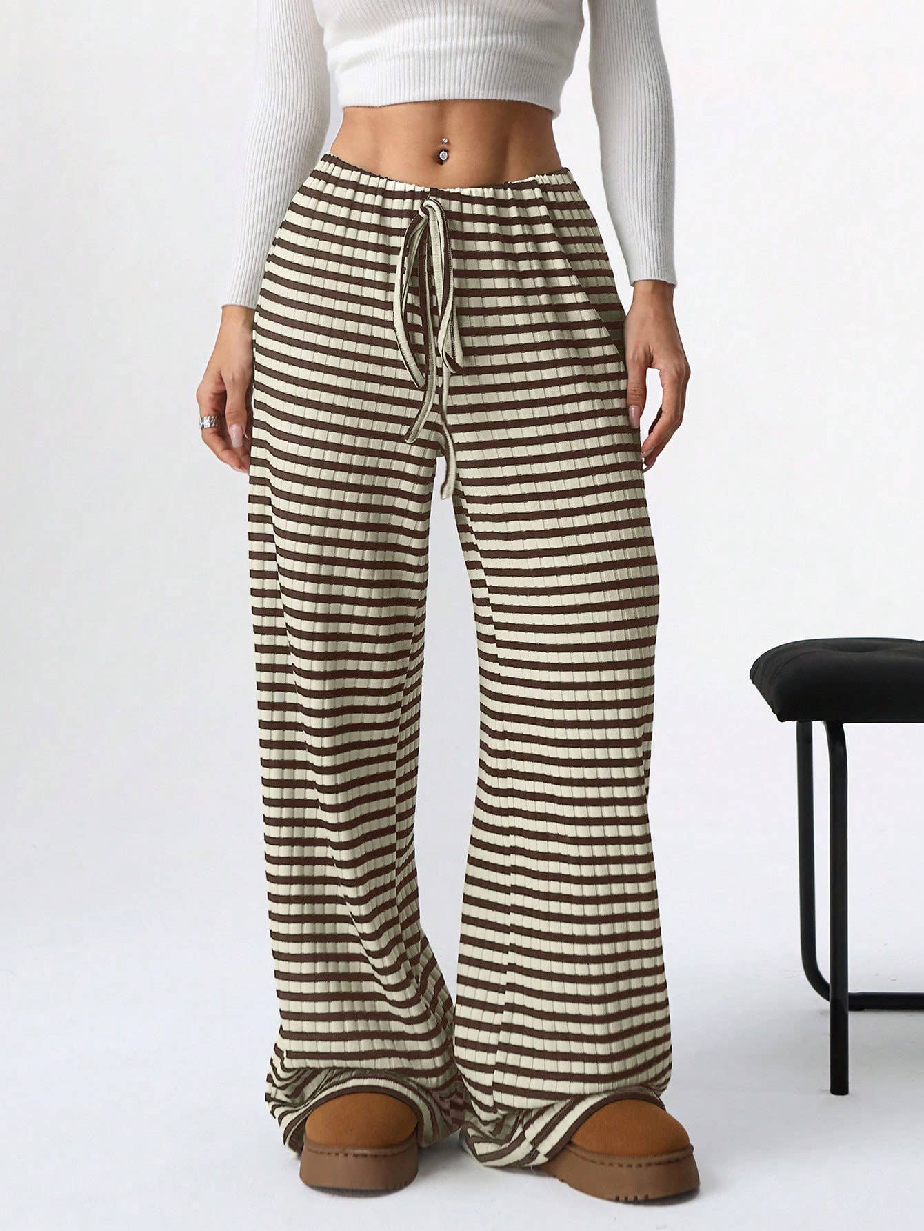 Casual Striped Elastic Drawstring Straight-Leg Pants