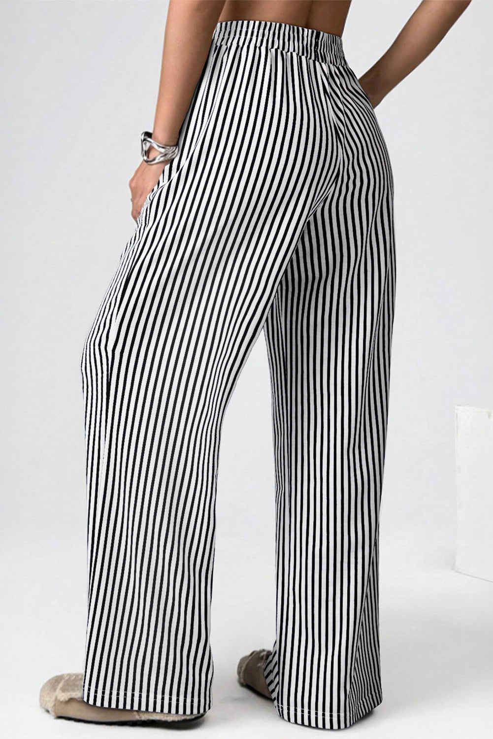 Brown Striped Elastic Waistband Pocketed Loose Pants