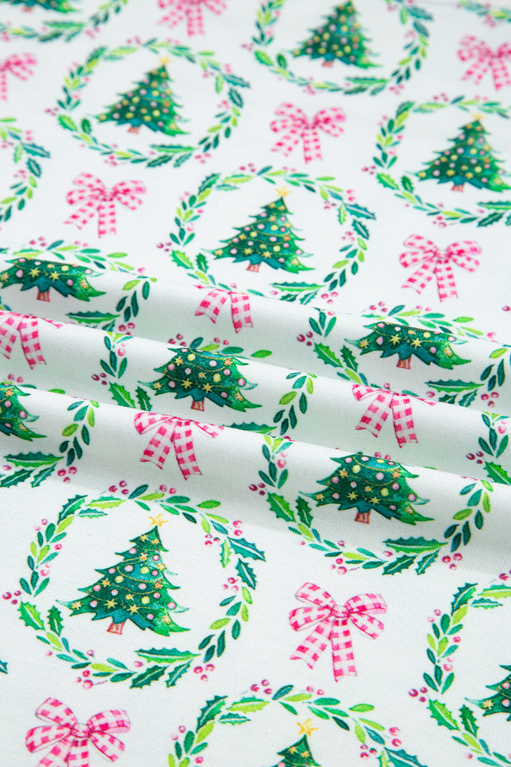 Pink Christmas Tree Reindeer Print Contrast Striped Trim Pajama Set