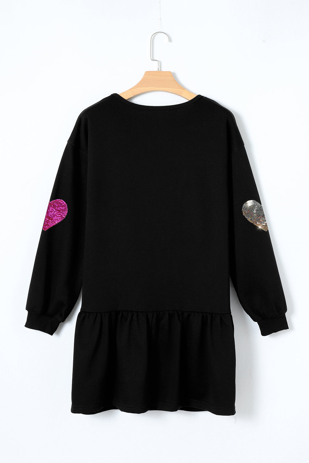 Black Shiny Heart Graphic Ruffled Knit Mini Dress