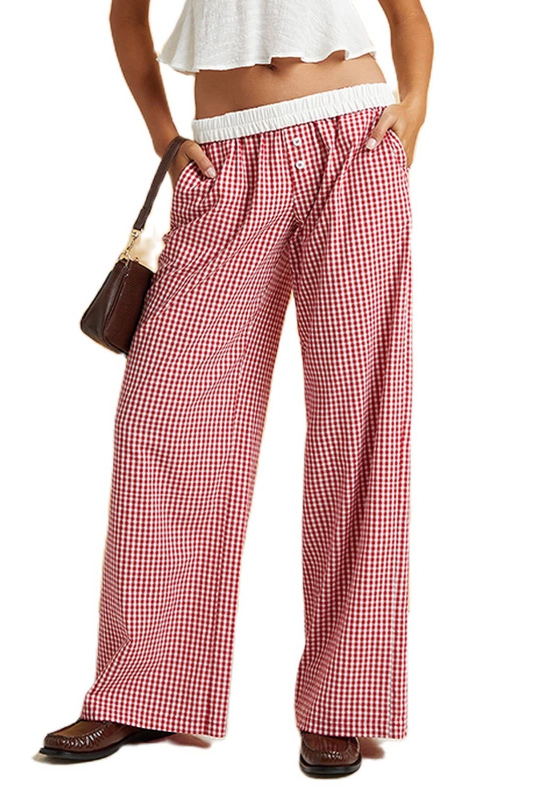 Easy daily patchwork gingham wide leg pants