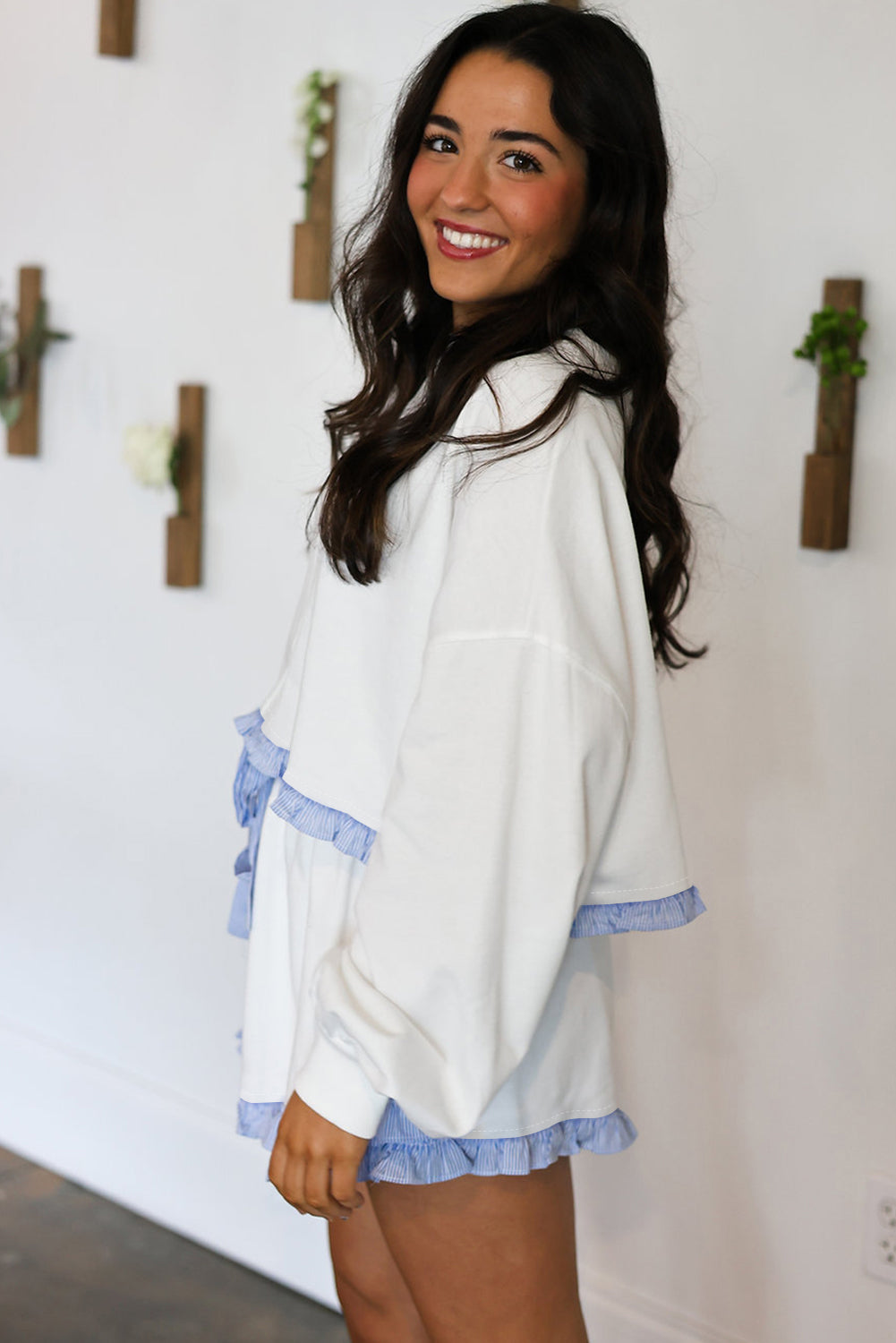 Yellow Cream Gingham Ruffle Hem Long Sleeve Pullover and Shorts Set