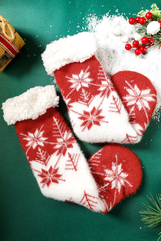 Fiery Red Christmas Snowflake Fuzzy Non-Slip Socks