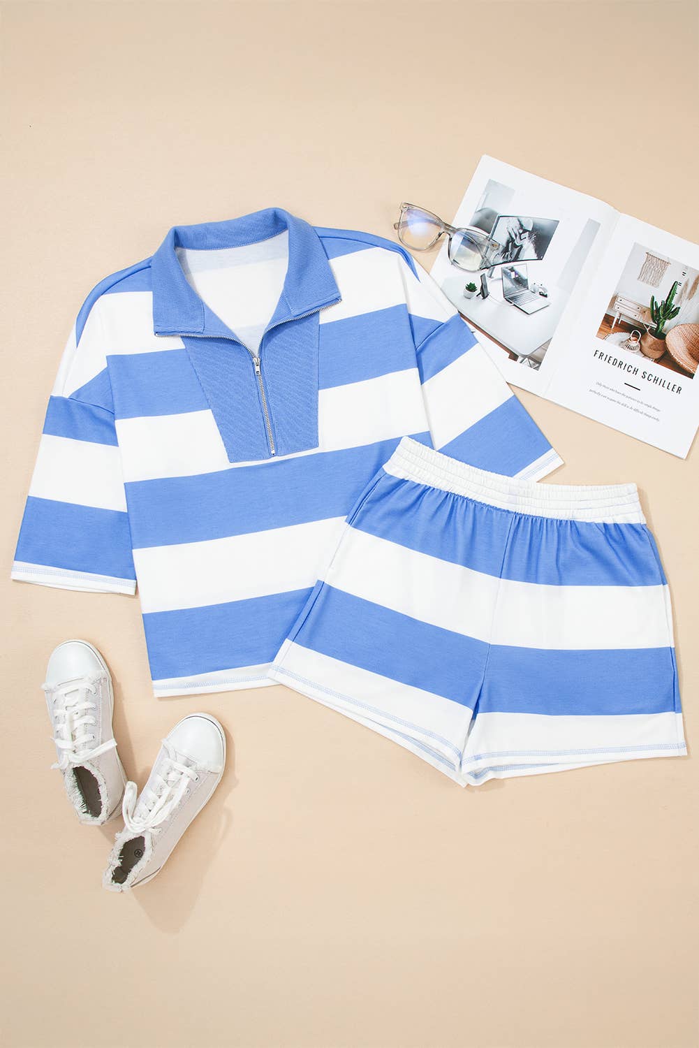 Stripe Seam Half Zip Tee and Casual Shorts 2pcs Set (S-4X)