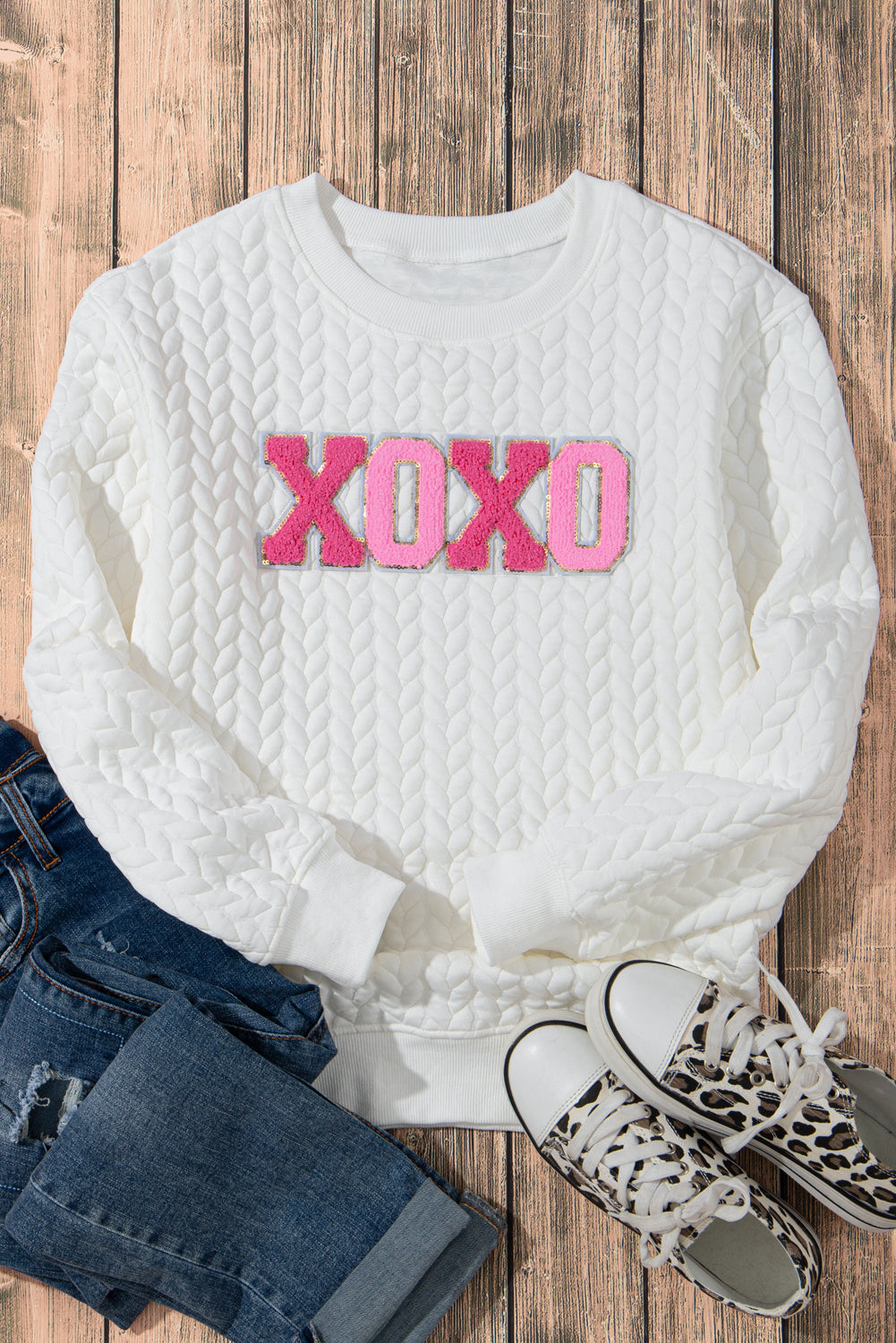 White XOXO Chenille Letter Patch Quilted Sweatshirt