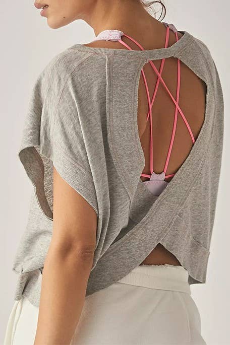 Slouchy wrapped cutout back short sleeve workout tee top