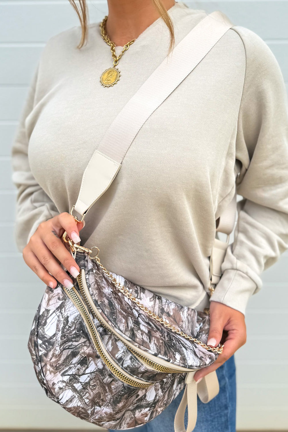 Light Grey Camouflage Print Double Zipper Crossbody Bag