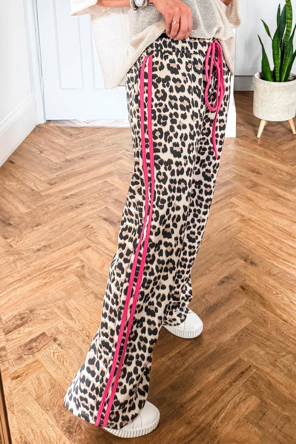 LDC Contrast Detail Tie Waist Leopard Print Casual Pants