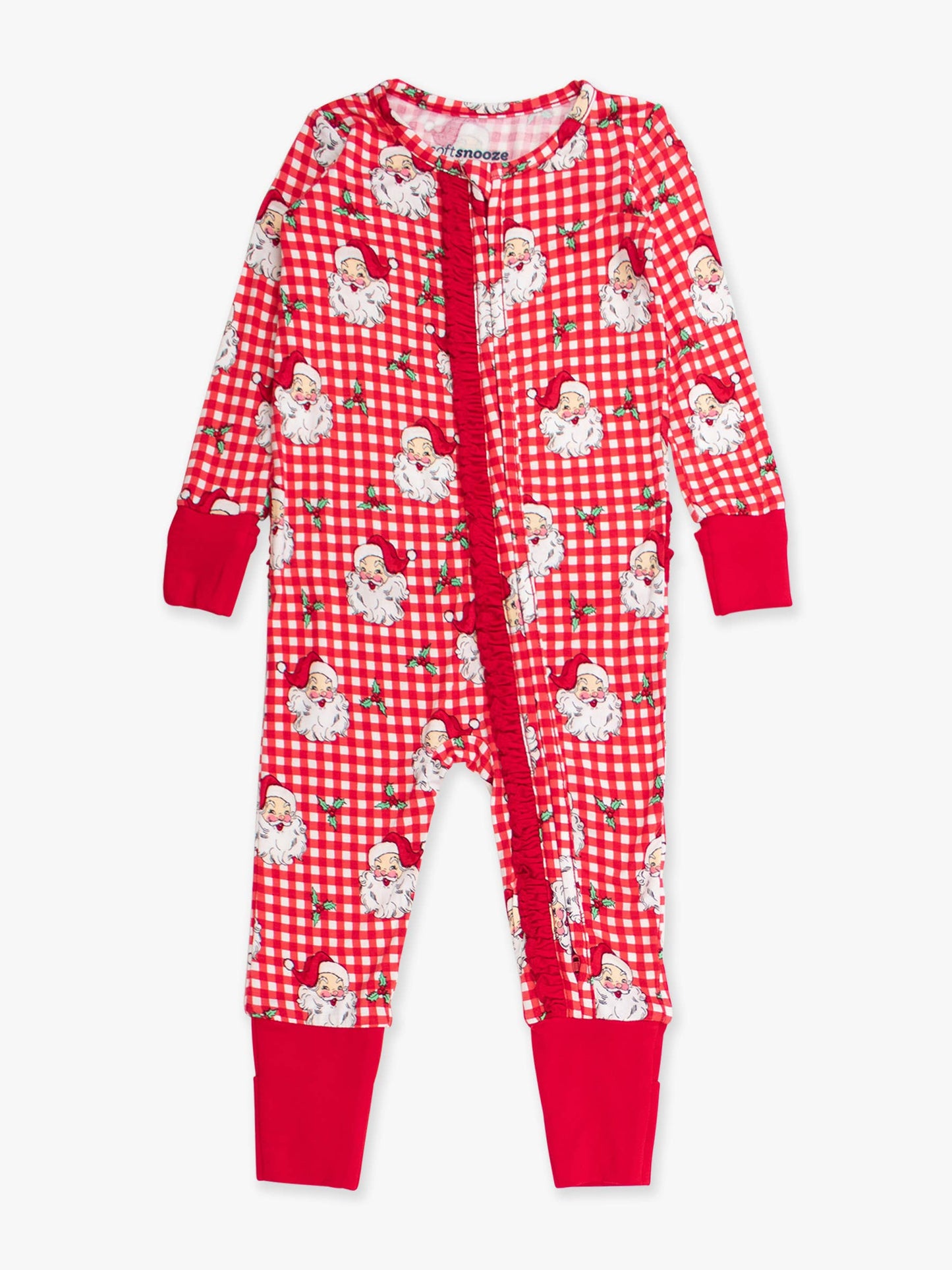 SoftSnooze™ Baby Girls Bamboo Viscose Red Dear Santa Convertible Ruffle One Piece Footie Pajama