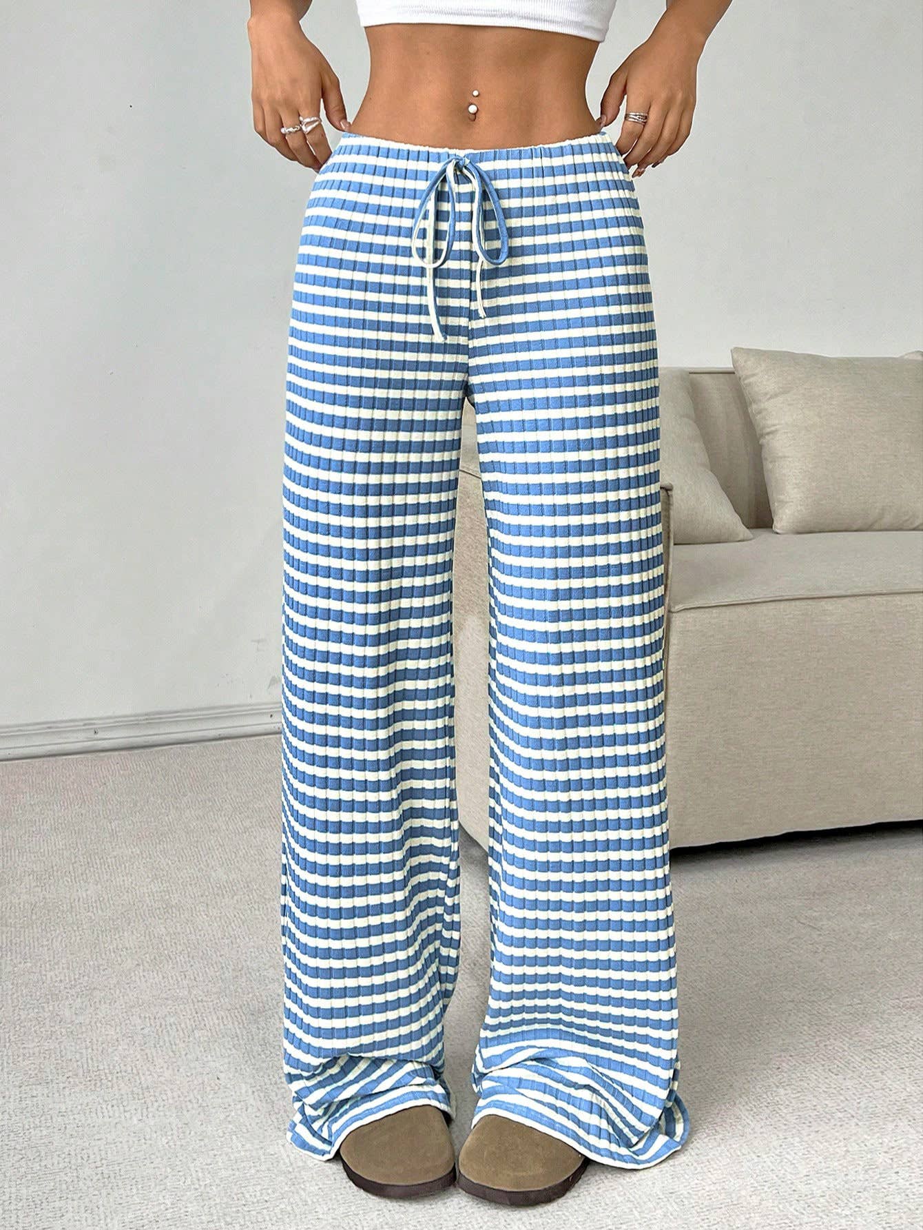 Casual Striped Elastic Drawstring Straight-Leg Pants