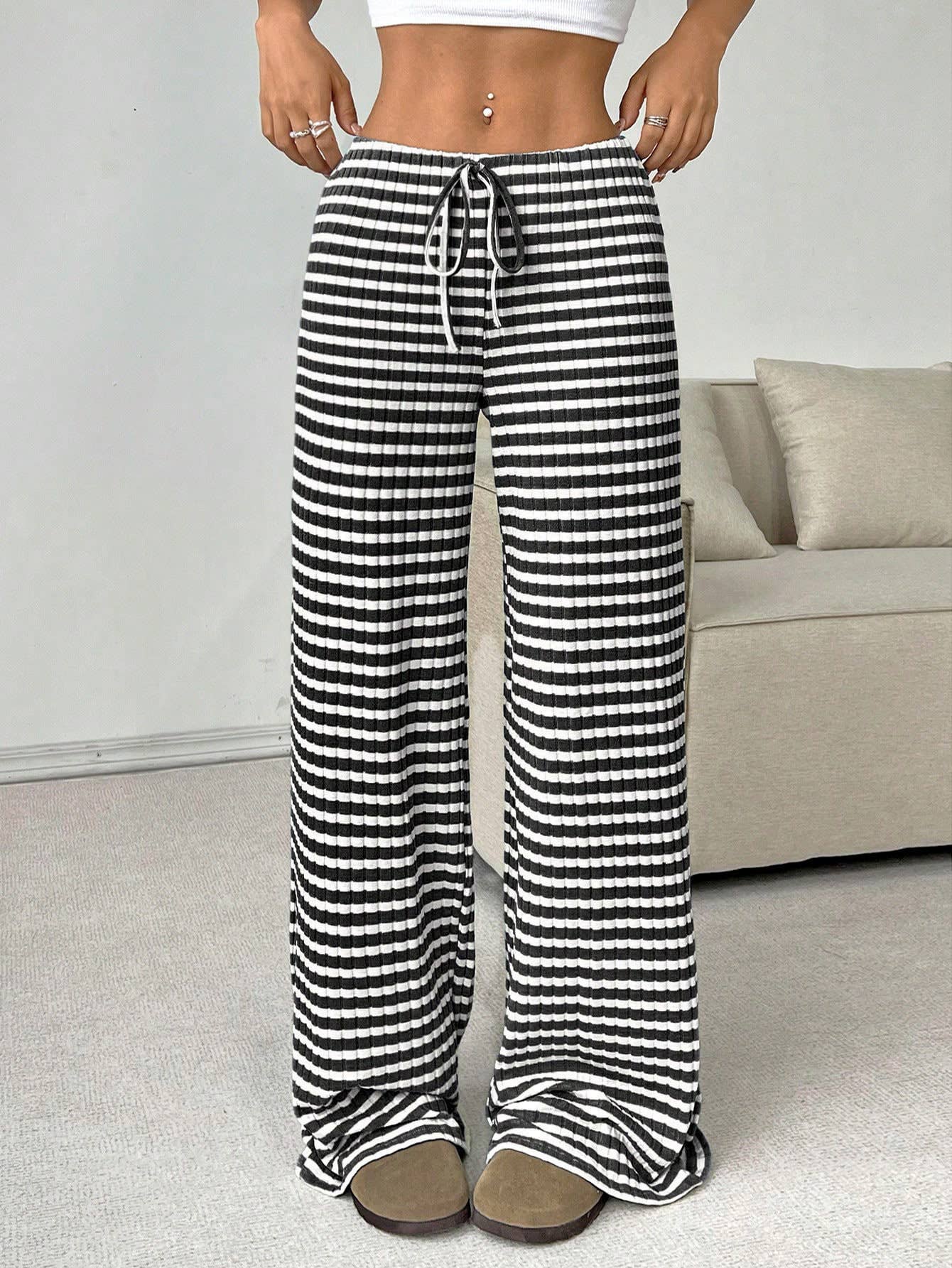 Casual Striped Elastic Drawstring Straight-Leg Pants