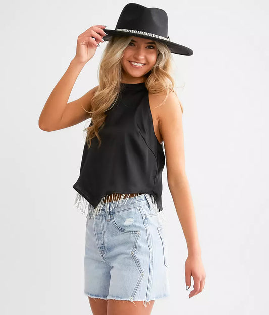 Rhinestone Fringe Satin Cropped Tank Top