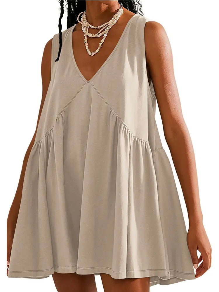 Summer V-Neck Pleated Sleeveless Vest Dress