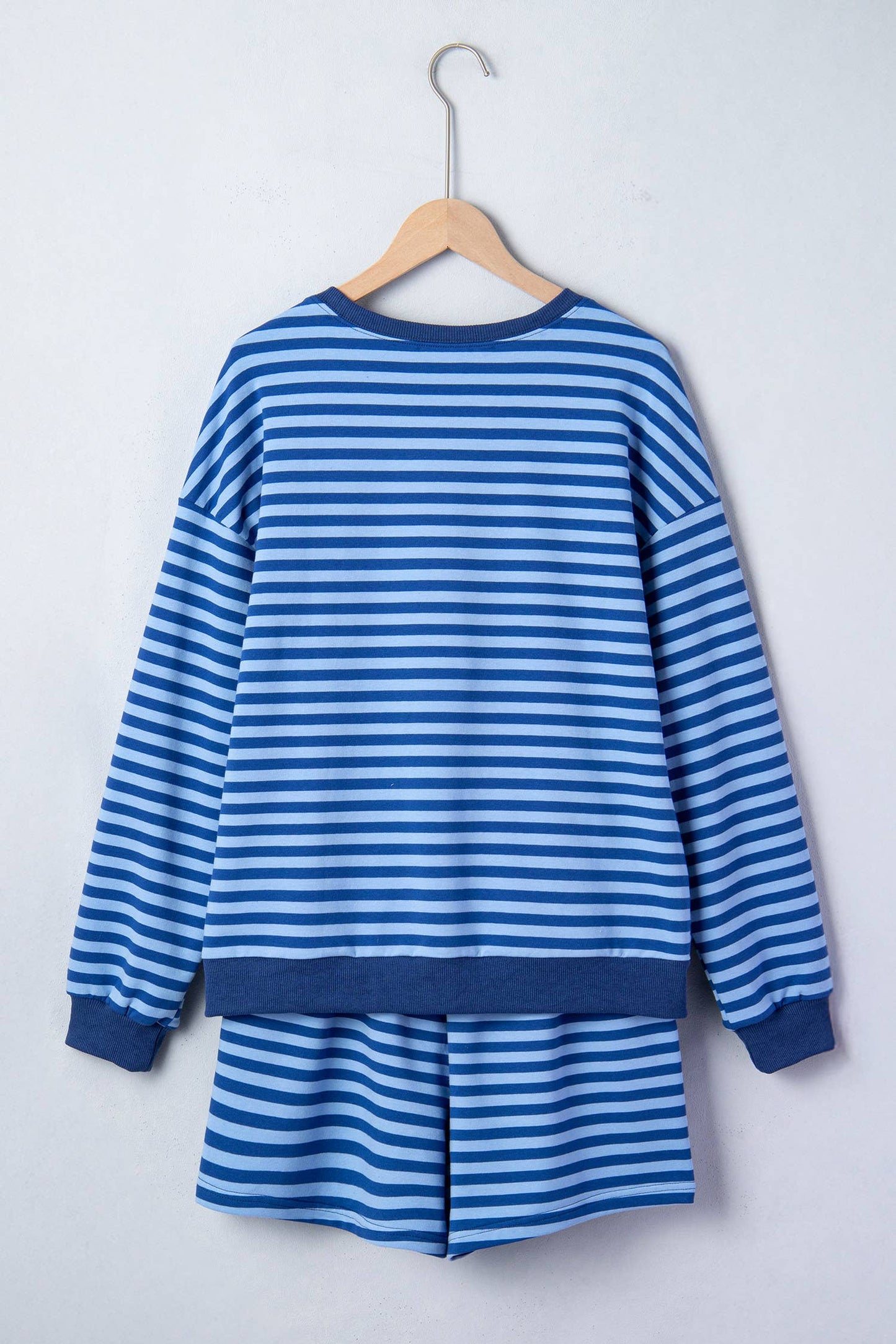 Stripe Long Sleeve Pullover Elastic Waist Shorts Set (S-XL)