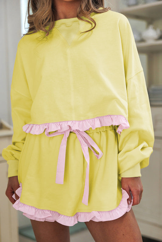 Yellow Cream Gingham Ruffle Hem Long Sleeve Pullover and Shorts Set