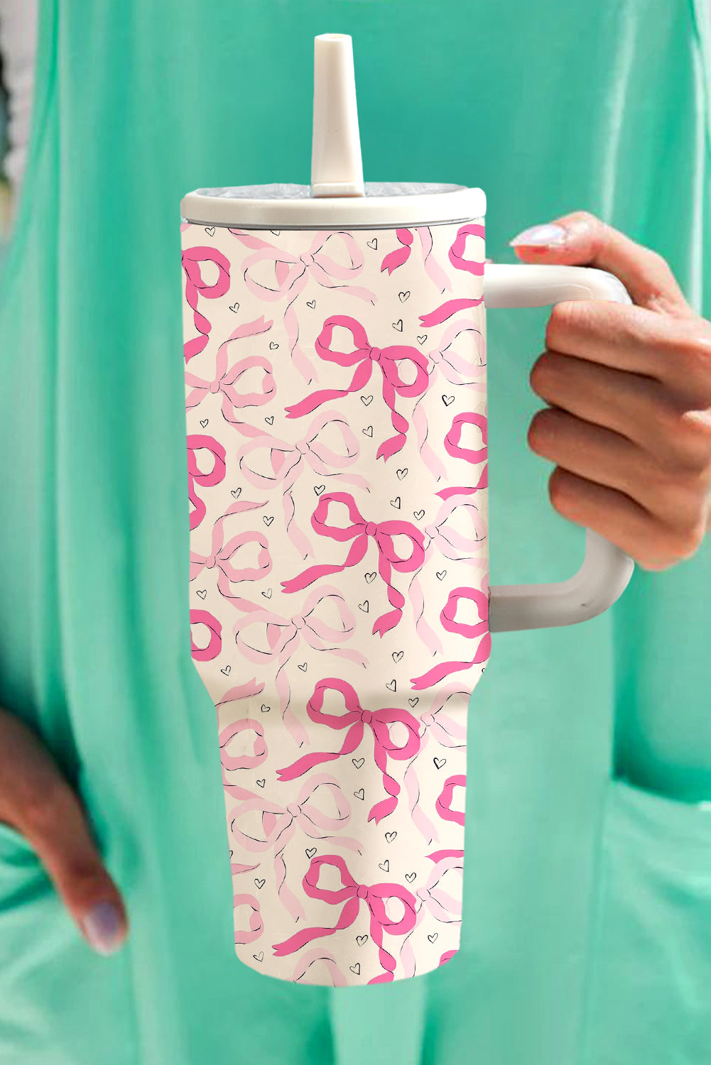 Bright Pink Bow Heart Print Tumbler Cup