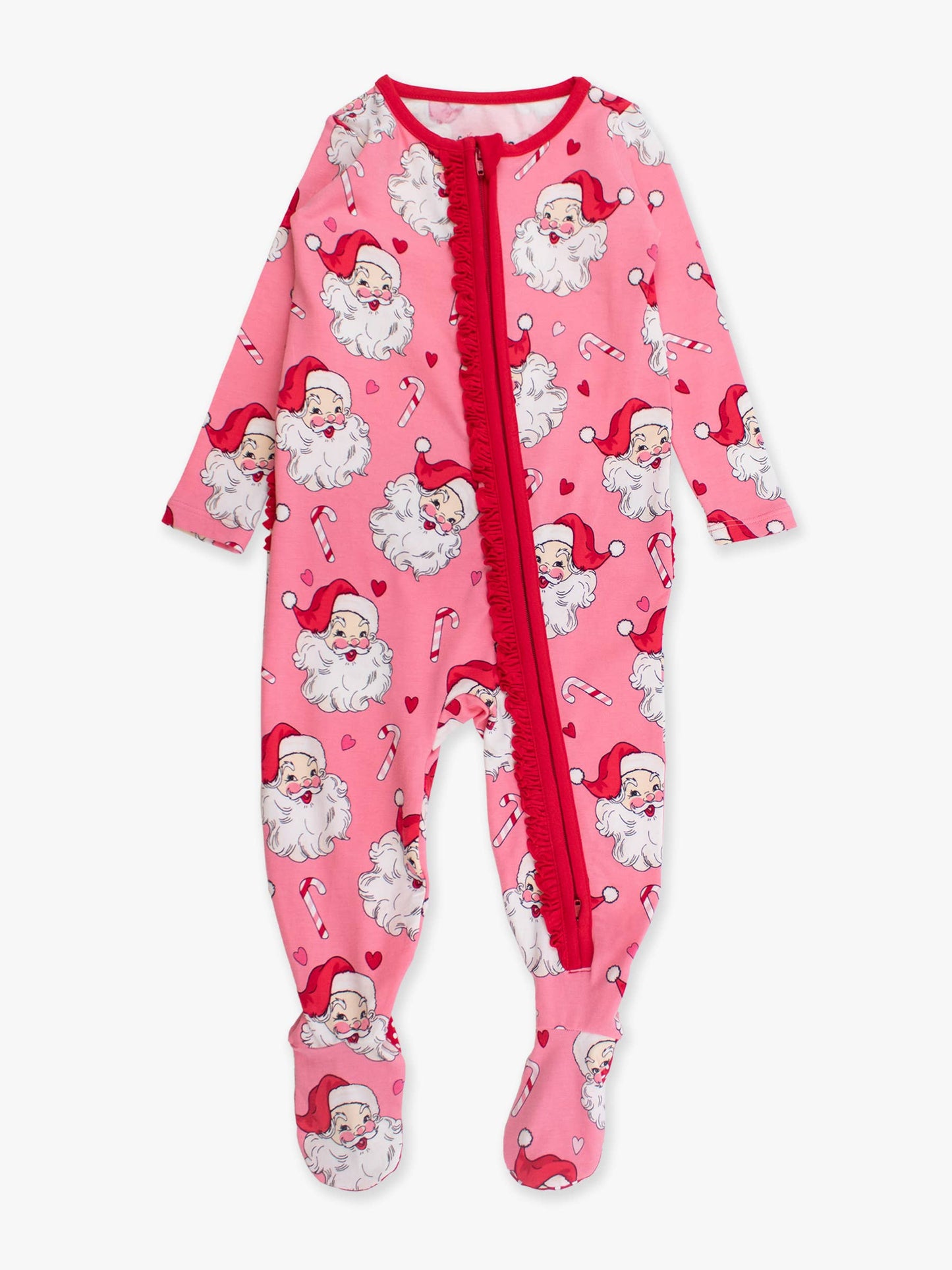 SoftSnooze™ Baby Girls Modal Blend Pink Santa Joy Footed Ruffle One Piece Pajama