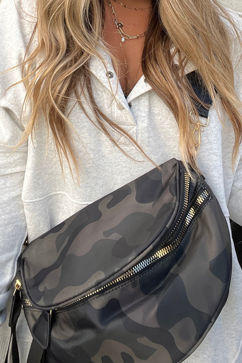 Light Grey Camouflage Print Double Zipper Crossbody Bag