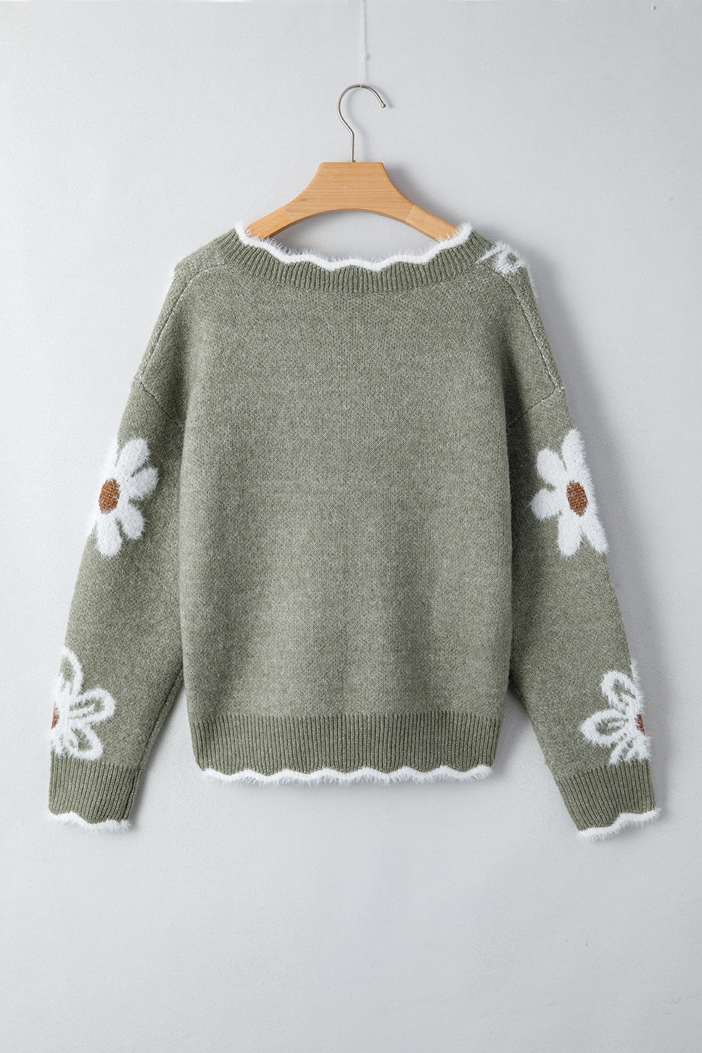 Seagrass Jacquard Floral Scallop V-neck Sweater
