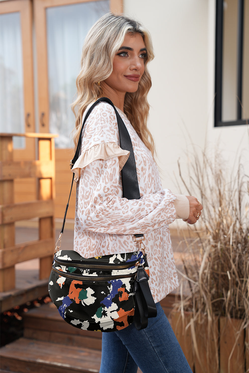 Light Grey Camouflage Print Double Zipper Crossbody Bag