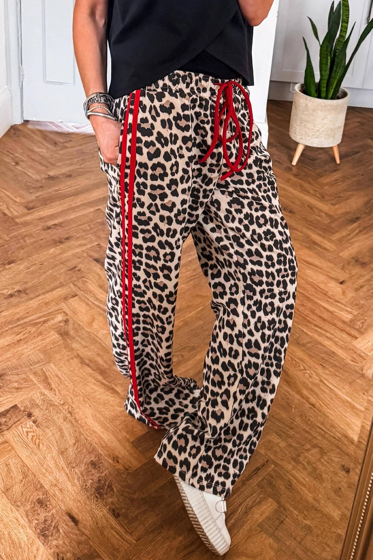 LDC Contrast Detail Tie Waist Leopard Print Casual Pants