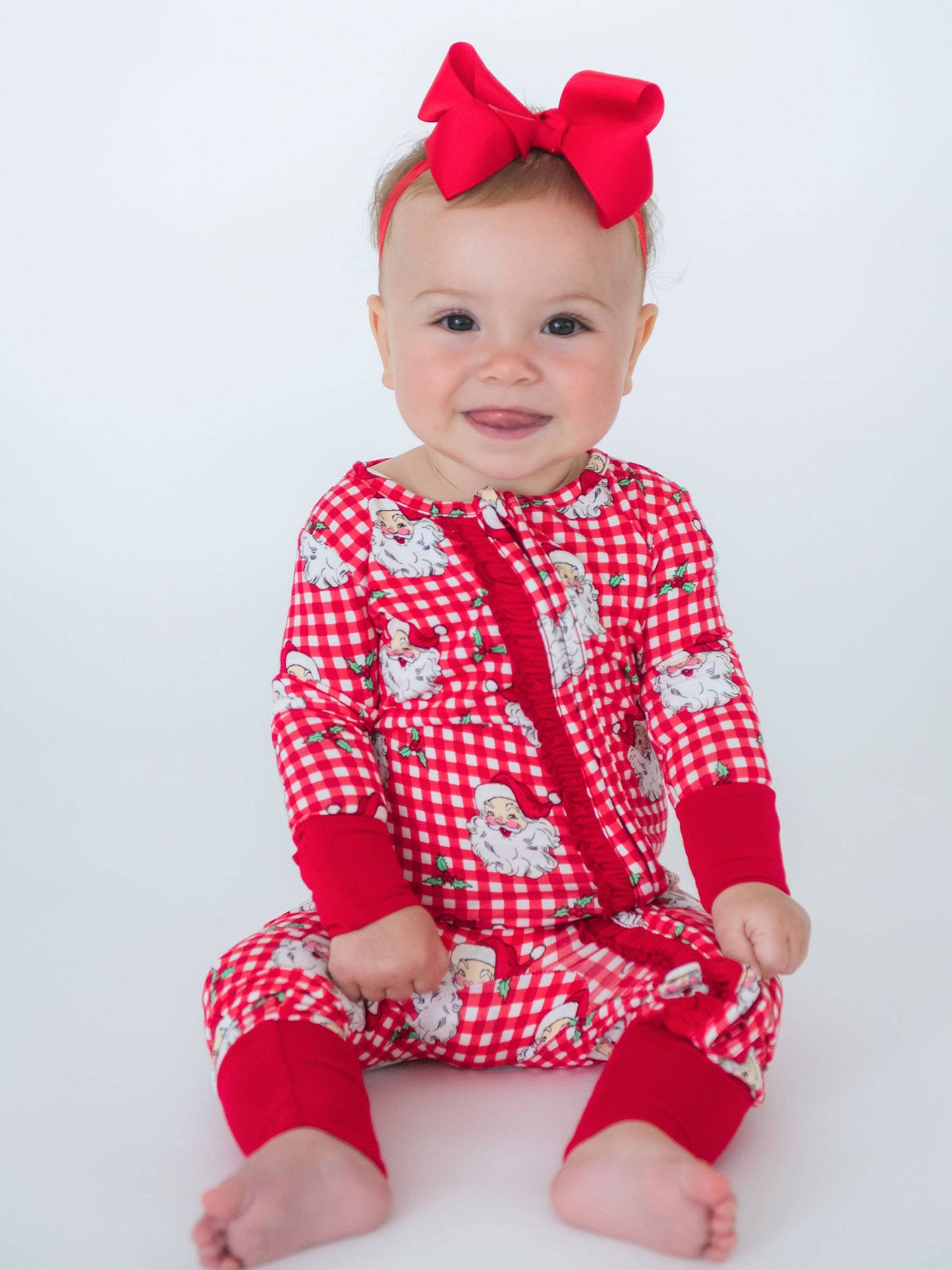 SoftSnooze™ Baby Girls Bamboo Viscose Red Dear Santa Convertible Ruffle One Piece Footie Pajama