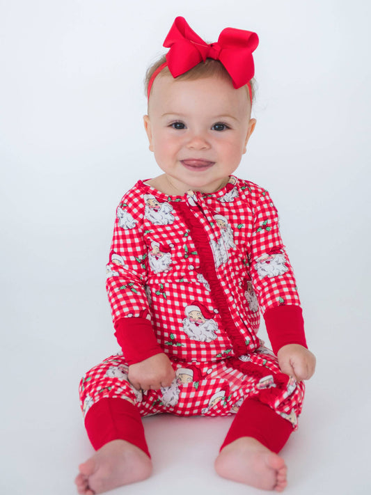 SoftSnooze™ Baby Girls Bamboo Viscose Red Dear Santa Convertible Ruffle One Piece Footie Pajama