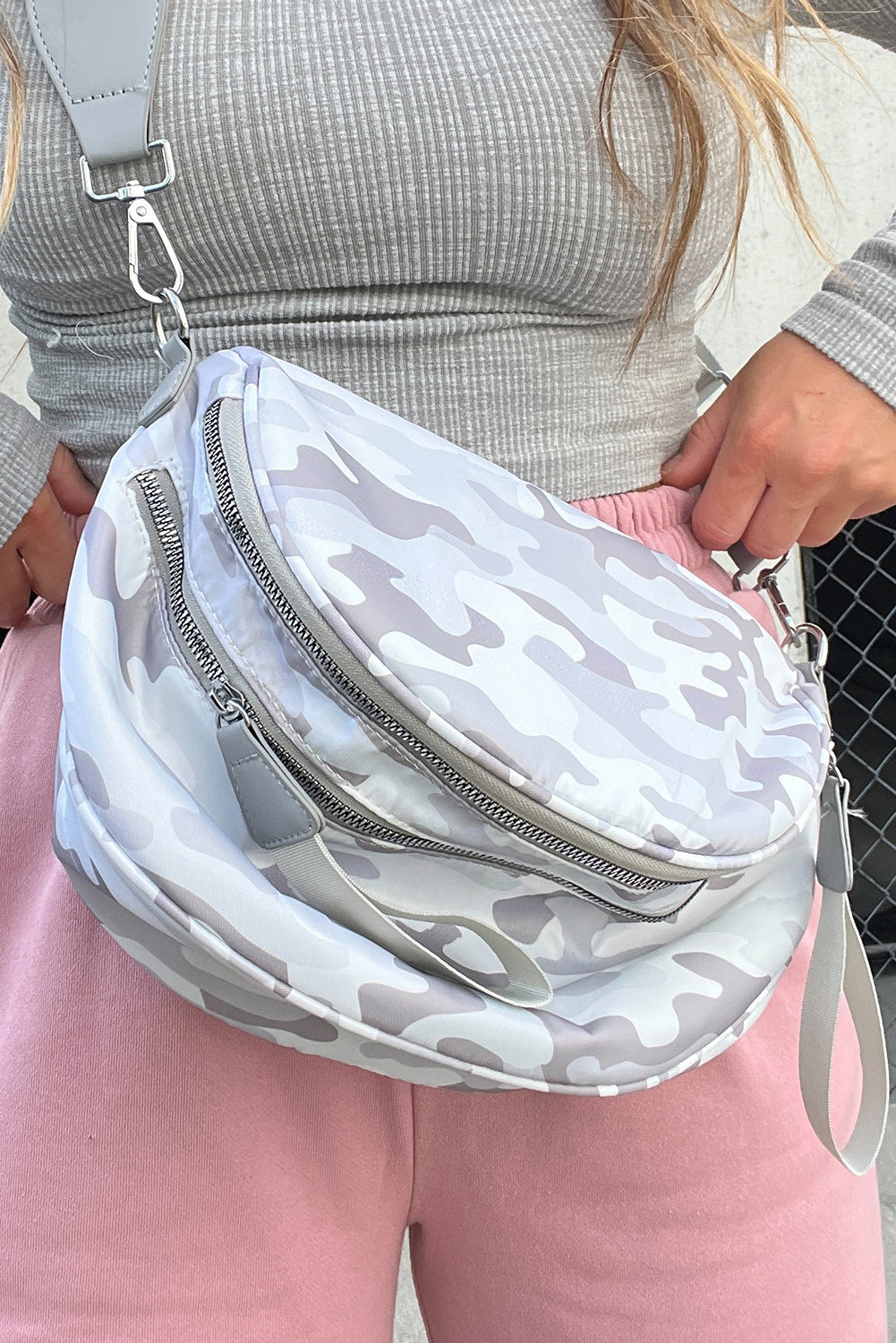 Light Grey Camouflage Print Double Zipper Crossbody Bag
