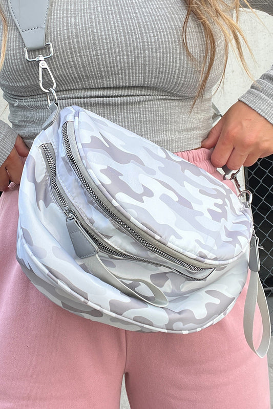 Light Grey Camouflage Print Double Zipper Crossbody Bag