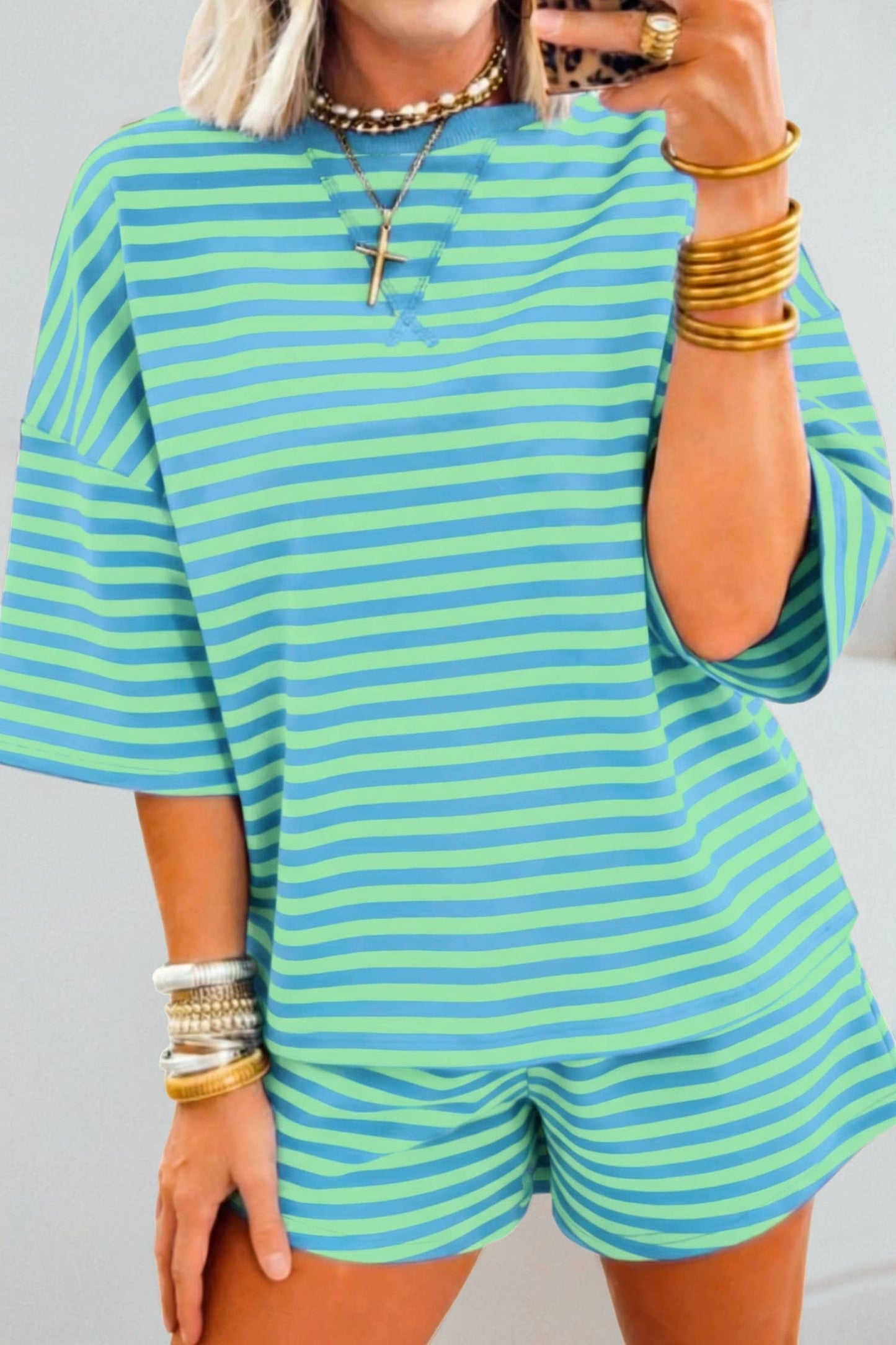 Stripe Long Sleeve Pullover Elastic Waist Shorts Set (S-XL)