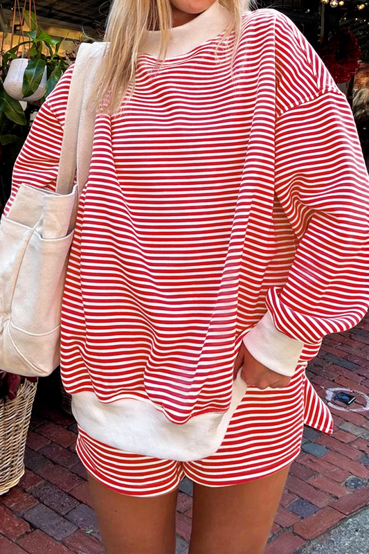 66Stripe Oversize Mock Neck Sweatshirt and Shorts Set (S-XL)