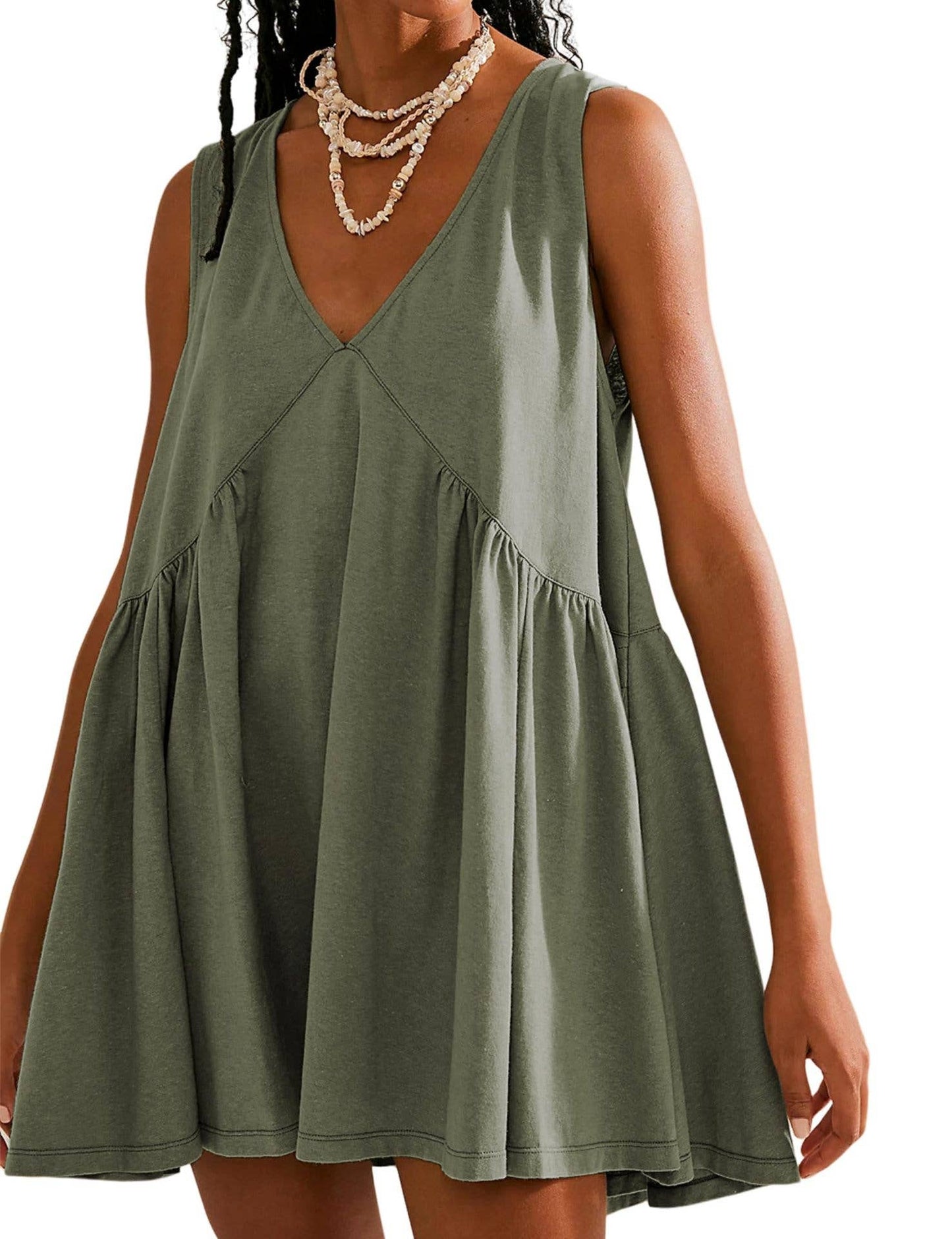 Summer V-Neck Pleated Sleeveless Vest Dress