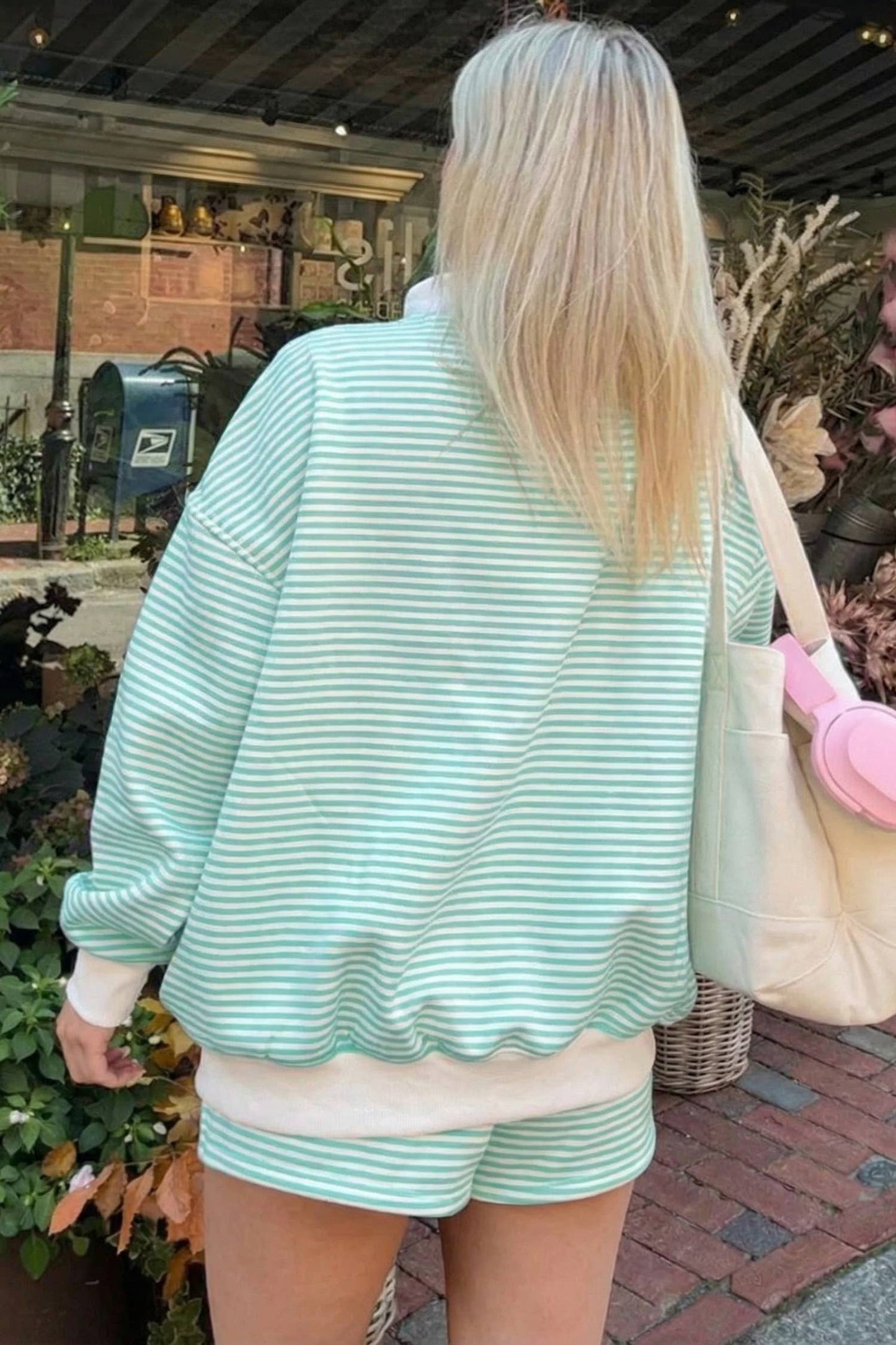 66Stripe Oversize Mock Neck Sweatshirt and Shorts Set (S-XL)