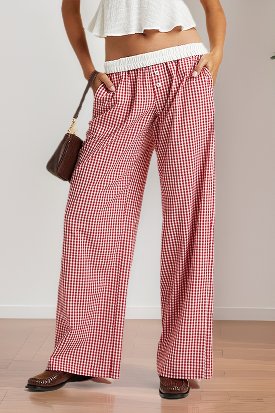 Easy daily patchwork gingham wide leg pants