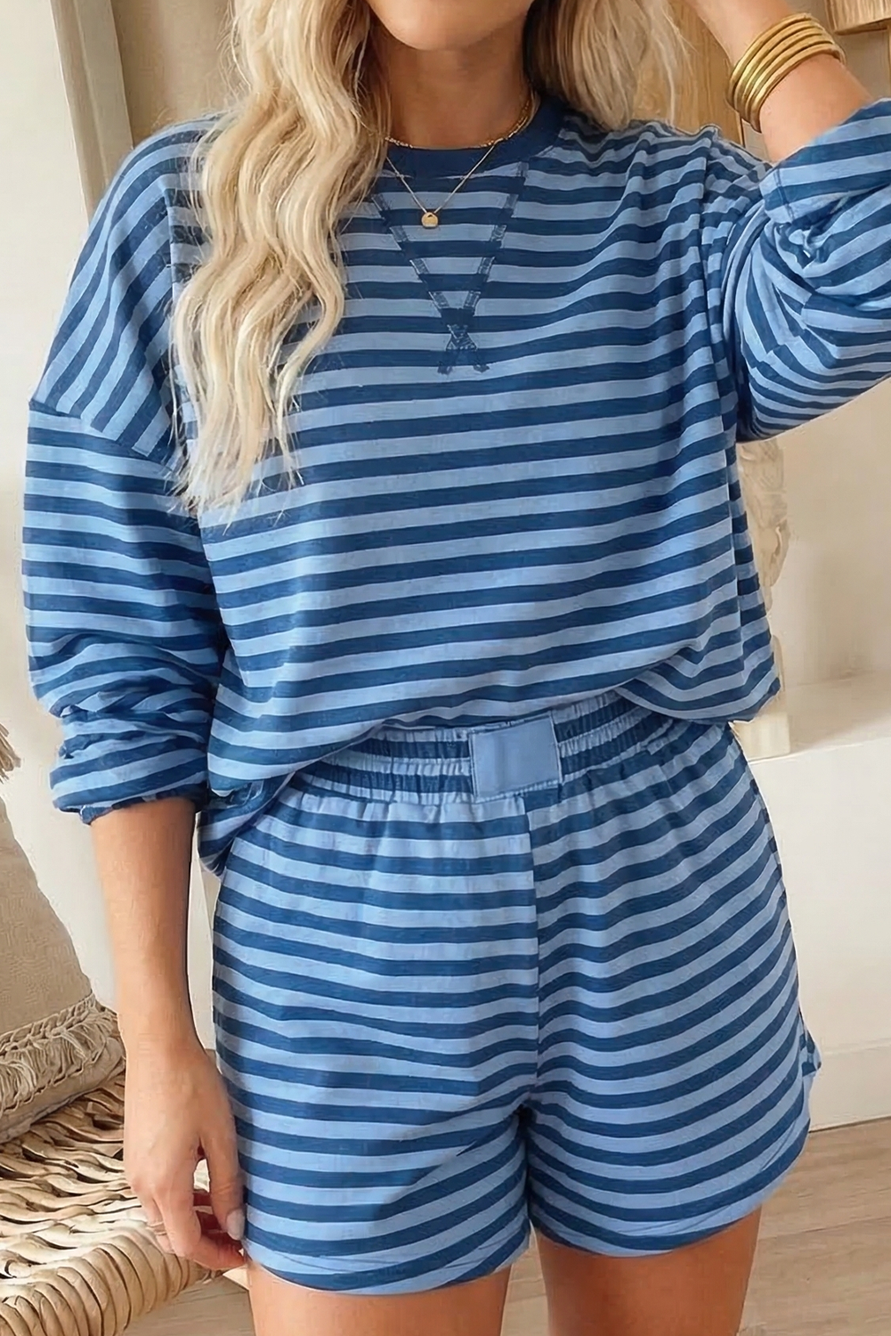 Stripe Long Sleeve Pullover Elastic Waist Shorts Set (S-XL)