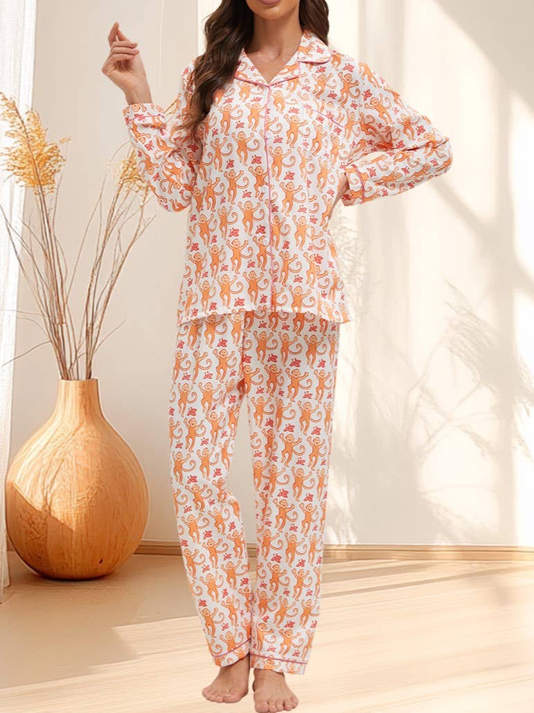 Cute Comfy Monkey Print Long Sleeve Pajama Set