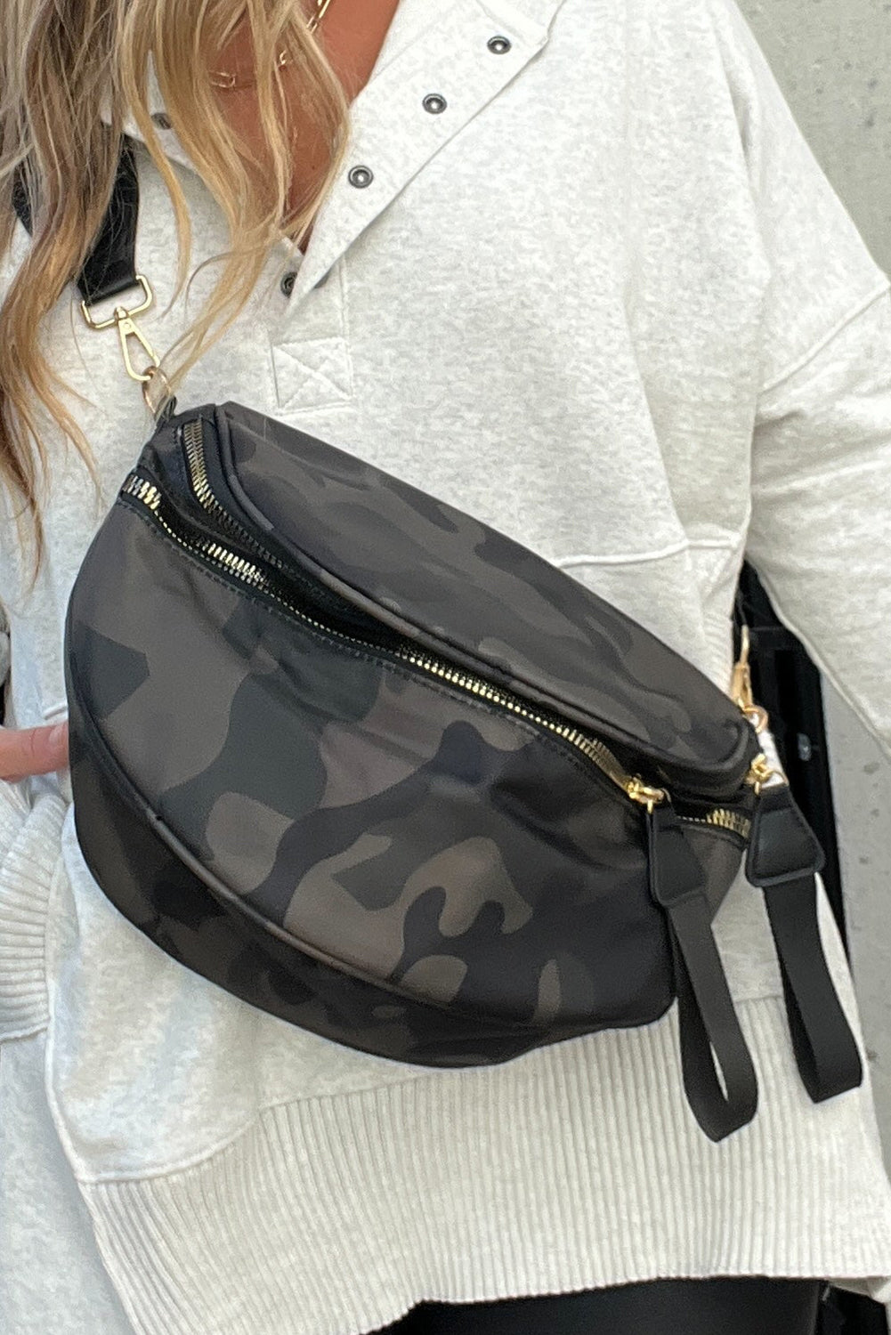 Light Grey Camouflage Print Double Zipper Crossbody Bag