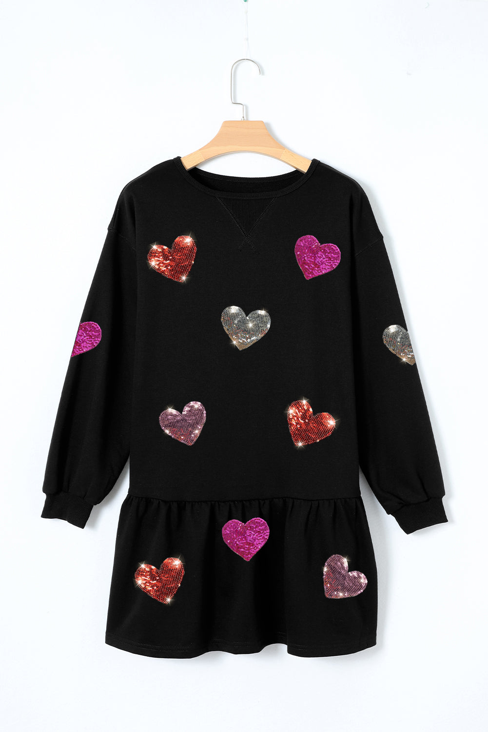 Black Shiny Heart Graphic Ruffled Knit Mini Dress