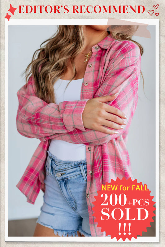Sachet Pink Plaid Rounded Hem Long Sleeve Shirt