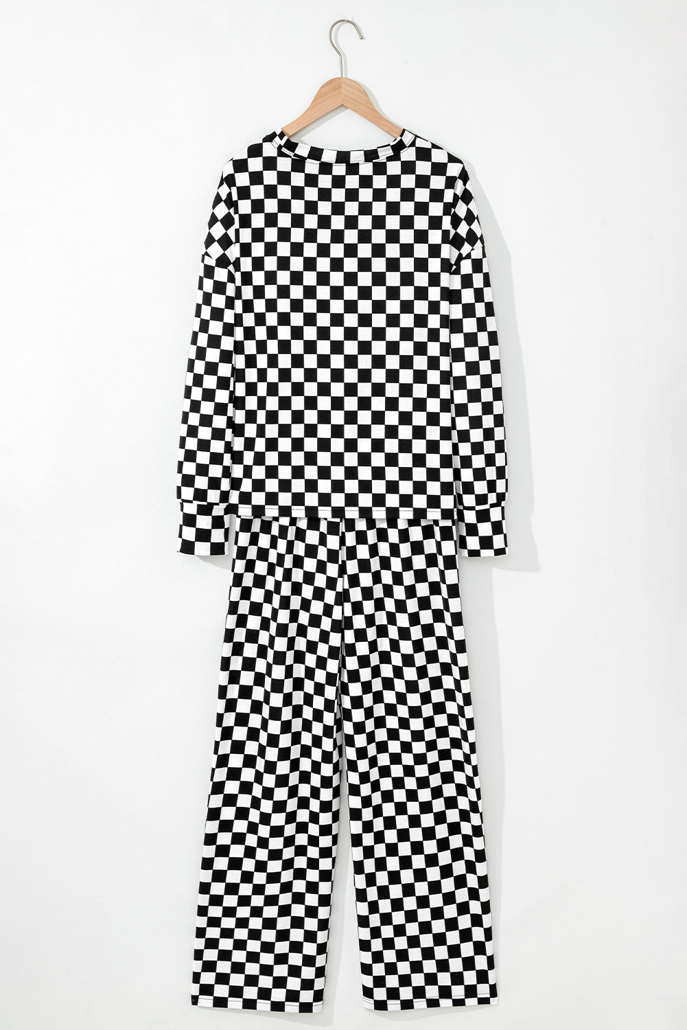 Beige Checkered Print Long Sleeve Loose Fit Pajama Set