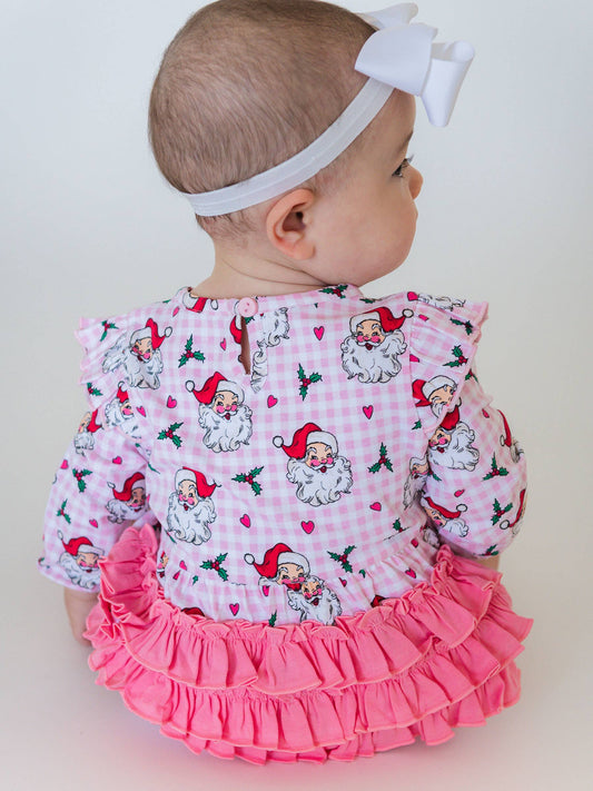 Baby Girls Pink Dear Santa Knit Long Sleeve Flutter Bubble Romper